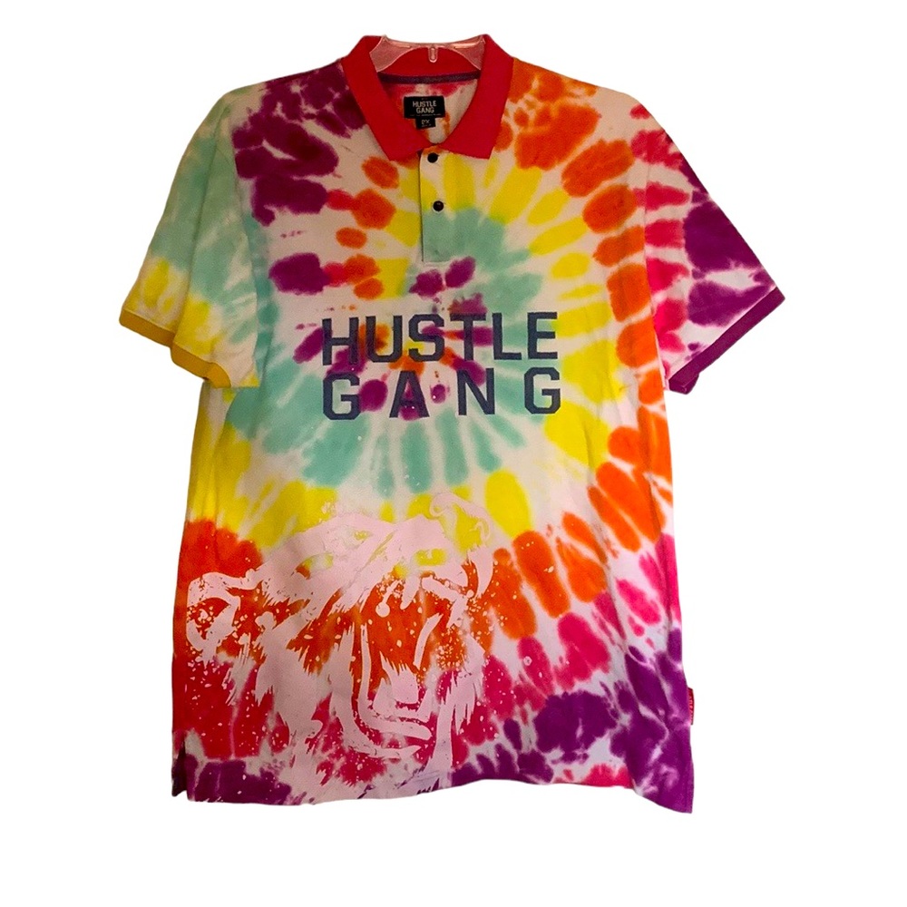 Hustle Gang Tie Dye Polo , bold “rainbow” colors, size 2X